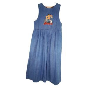 Karen Scott Vintage Denim Dress Scarecrow Embroidered Fall Harvest 100% Cotton S